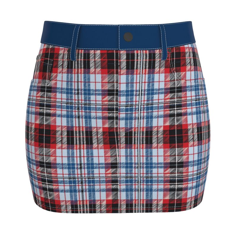 Red & Blue Plaid Denim Skirt